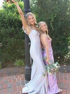 Lilac Ruched Satin Mermaid Prom Dress With Slit And Spaghetti Straps