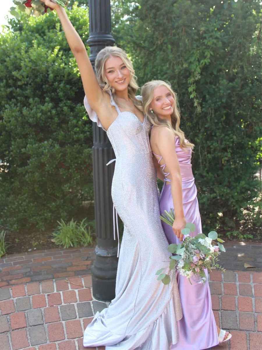 Lilac Ruched Satin Mermaid Prom Dress With Slit And Spaghetti Straps