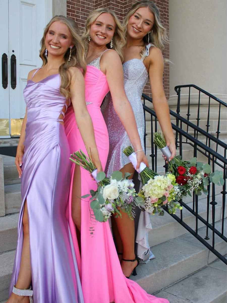 Lilac Ruched Satin Mermaid Prom Dress With Slit And Spaghetti Straps