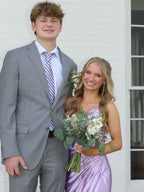 Lilac Ruched Satin Mermaid Prom Dress With Slit And Spaghetti Straps