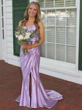 Lilac Ruched Satin Mermaid Prom Dress With Slit And Spaghetti Straps