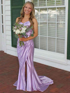Lilac Ruched Satin Mermaid Prom Dress With Slit And Spaghetti Straps