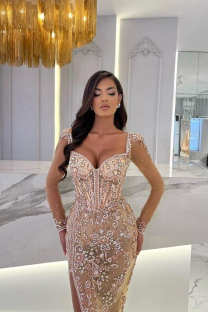 Meerjungfrau Sweetheart Tüll Lange Ärmel Split Front Ballkleider mit abnehmbarer Schleppe