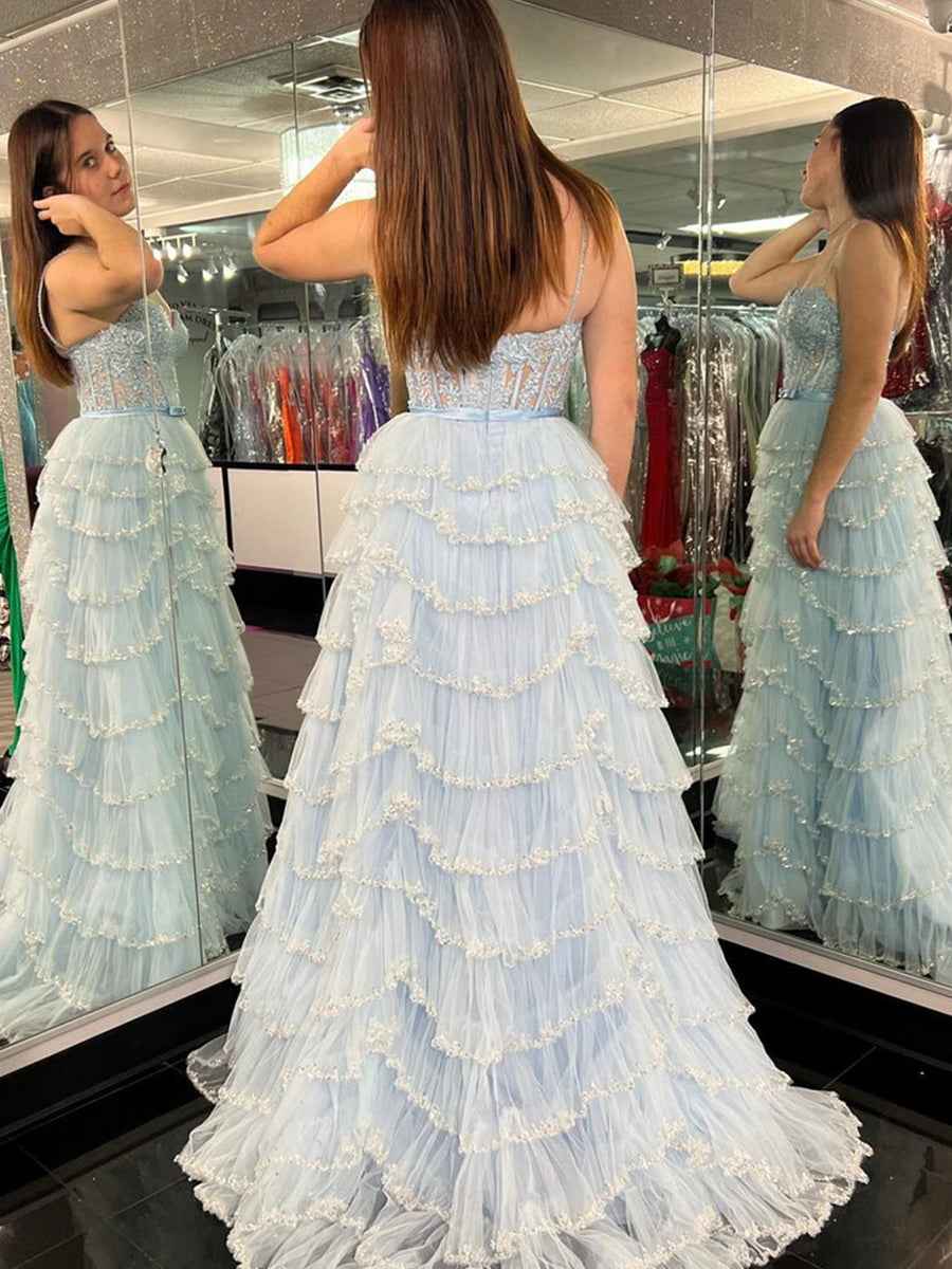 White Floral Sequined Spaghetti Straps Prom Dress With Tiered Skirt And Slit