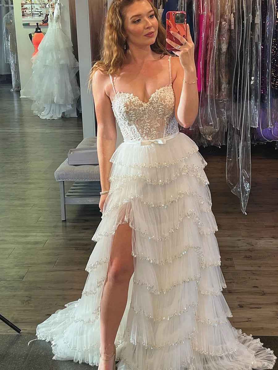 White Floral Sequined Spaghetti Straps Prom Dress With Tiered Skirt And Slit