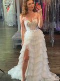 White Floral Sequined Spaghetti Straps Prom Dress With Tiered Skirt And Slit