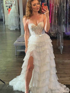 White Floral Sequined Spaghetti Straps Prom Dress With Tiered Skirt And Slit