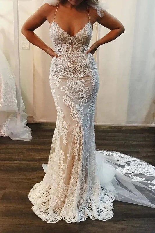Träger Spitze Meerjungfrau Brautkleider Boho Brautkleider
