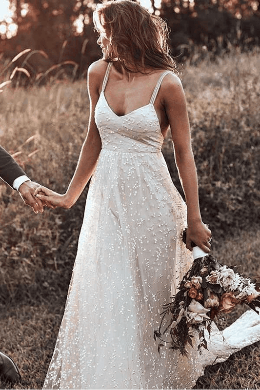 Straps Long Train A-line Lace Simple Rustic Backless Wedding Dress