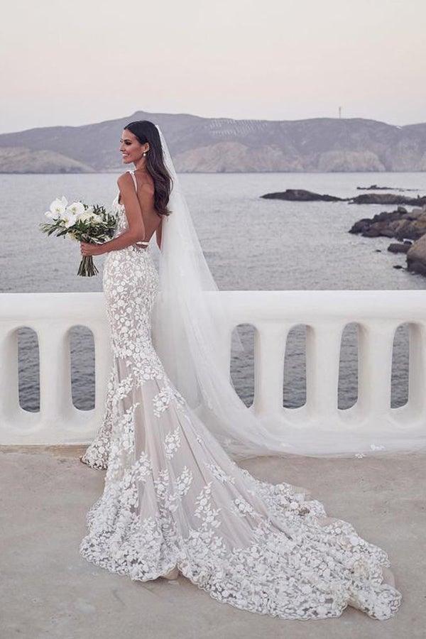 Straps Mermaid Wedding Dresses Lace Appliqued Gowns Wedding Dresses