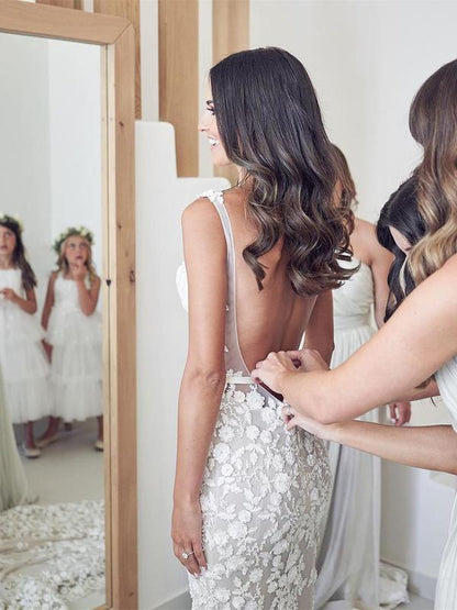 Straps Mermaid Wedding Dresses Lace Appliqued Gowns Wedding Dresses