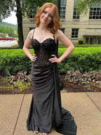 Star Navy Blue Strapless Cutout Bodice Long Mermaid Prom Dress With Beads