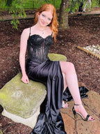 Star Navy Blue Strapless Cutout Bodice Long Mermaid Prom Dress With Beads