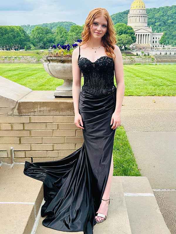 Star Navy Blue Strapless Cutout Bodice Long Mermaid Prom Dress With Beads