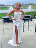 White Mermaid Strapless Corset Prom Dress With Slit And Satin Panels