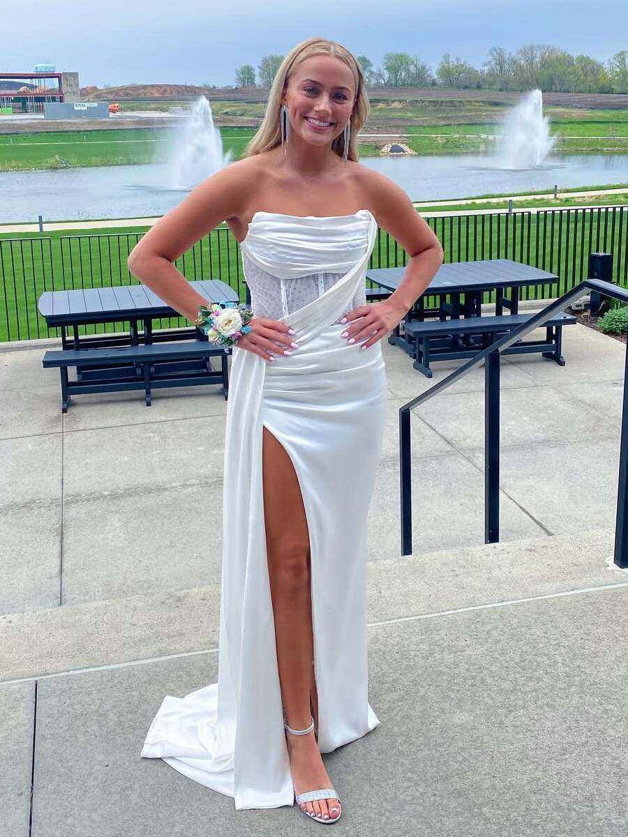 White Mermaid Strapless Corset Prom Dress With Slit And Satin Panels