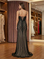 Black Geometric Beaded Mermaid Prom Dress With Nude Lining