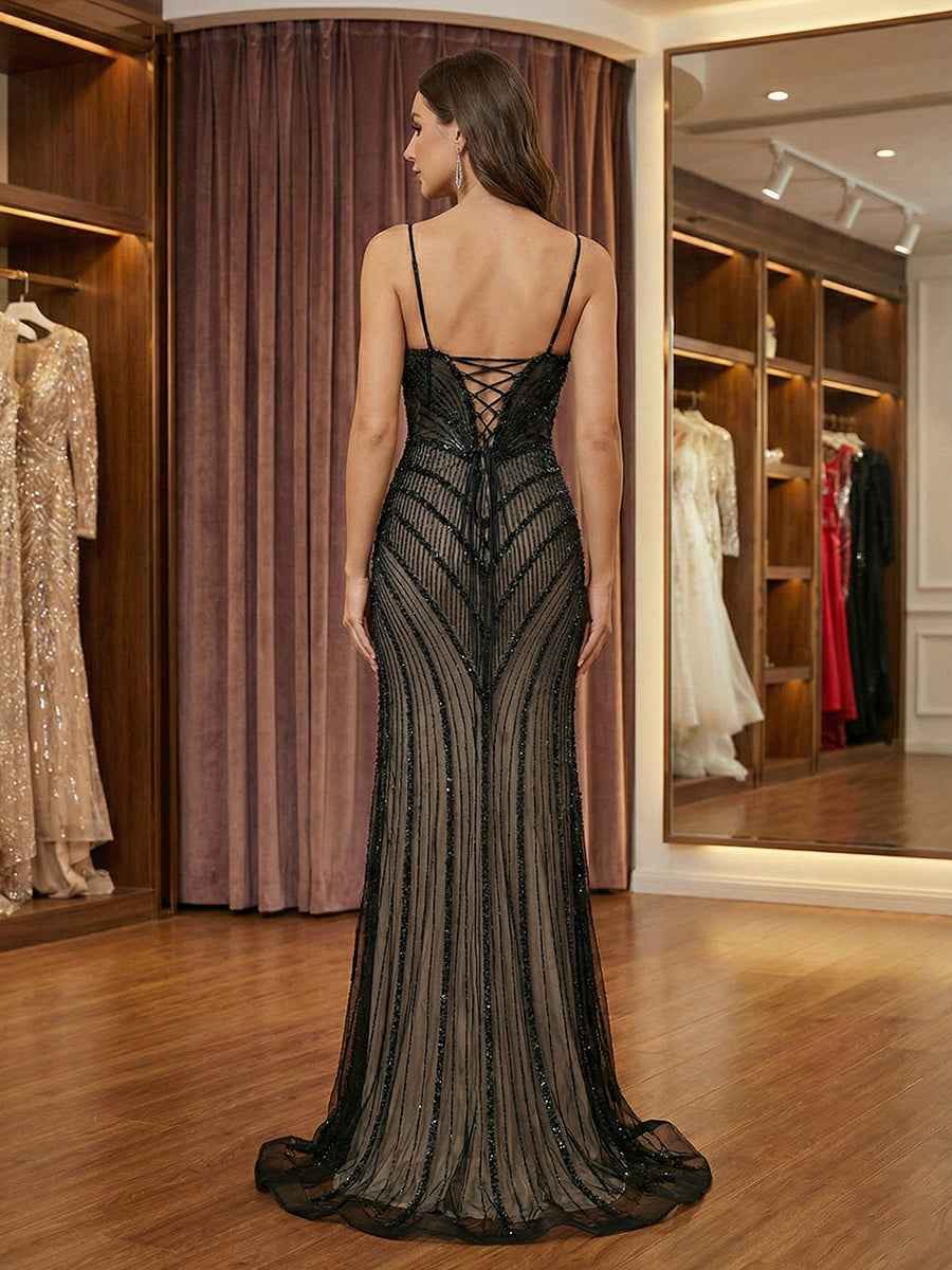 Black Geometric Beaded Mermaid Prom Dress With Nude Lining