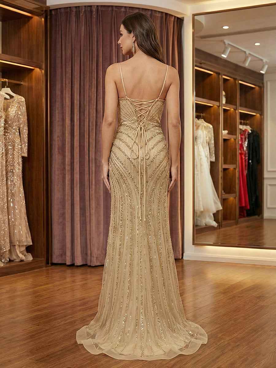 Black Geometric Beaded Mermaid Prom Dress With Nude Lining