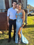 Light Blue Beaded Corset Prom Dress With Thigh High Slit