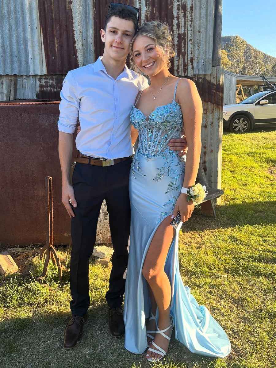 Light Blue Beaded Corset Prom Dress With Thigh High Slit