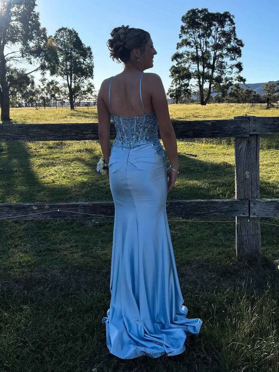 Light Blue Beaded Corset Prom Dress With Thigh High Slit