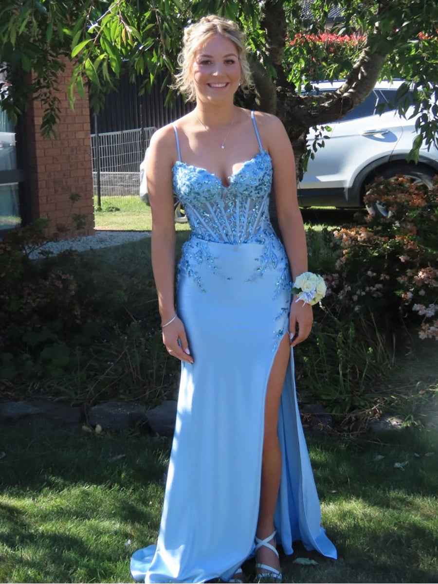 Light Blue Beaded Corset Prom Dress With Thigh High Slit