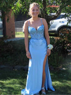 Light Blue Beaded Corset Prom Dress With Thigh High Slit