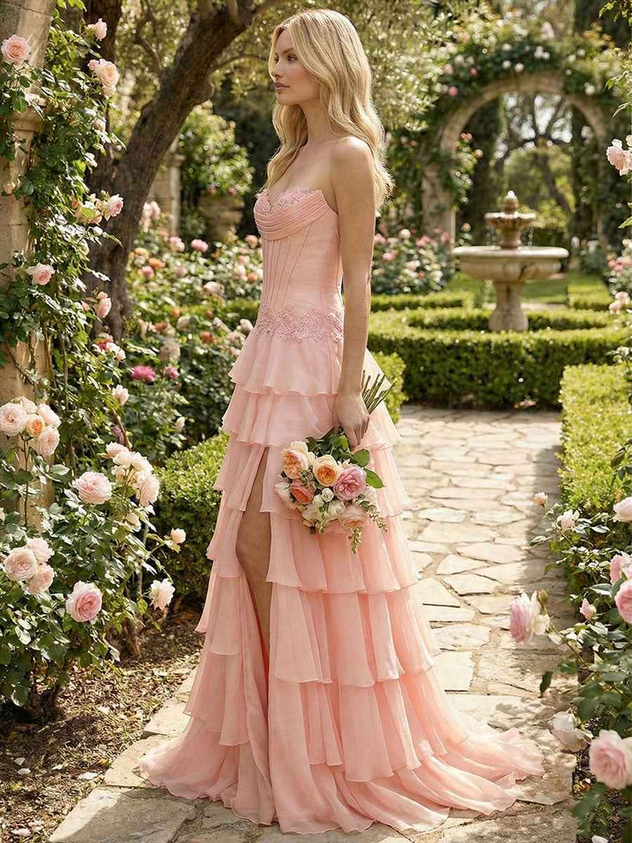 Sunshine Cascade Strapless Tiered Floral Lace Corset Prom Gown