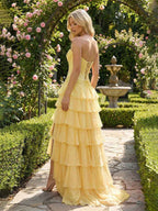 Sunshine Cascade Strapless Tiered Floral Lace Corset Prom Gown