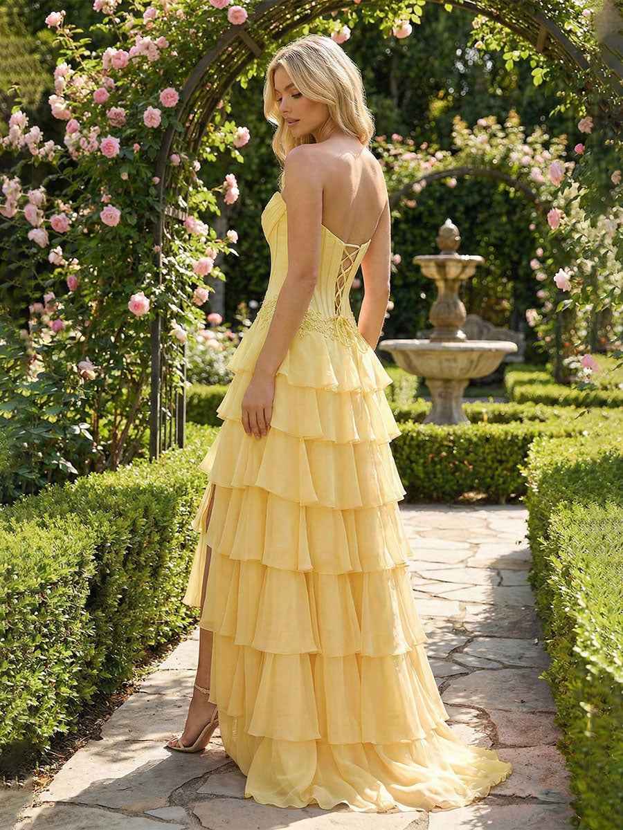 Sunshine Cascade Strapless Tiered Floral Lace Corset Prom Gown