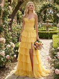 Sunshine Cascade Strapless Tiered Floral Lace Corset Prom Gown