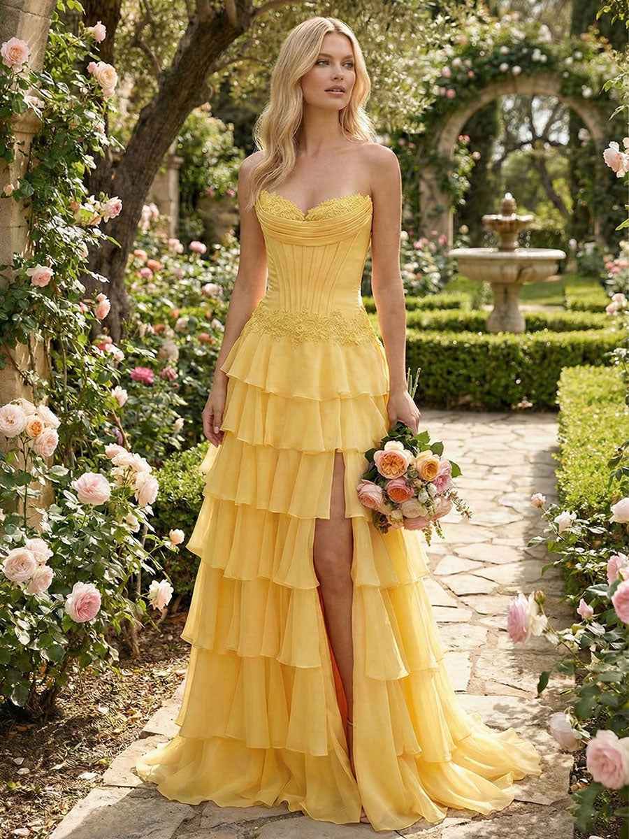 Sunshine Cascade Strapless Tiered Floral Lace Corset Prom Gown