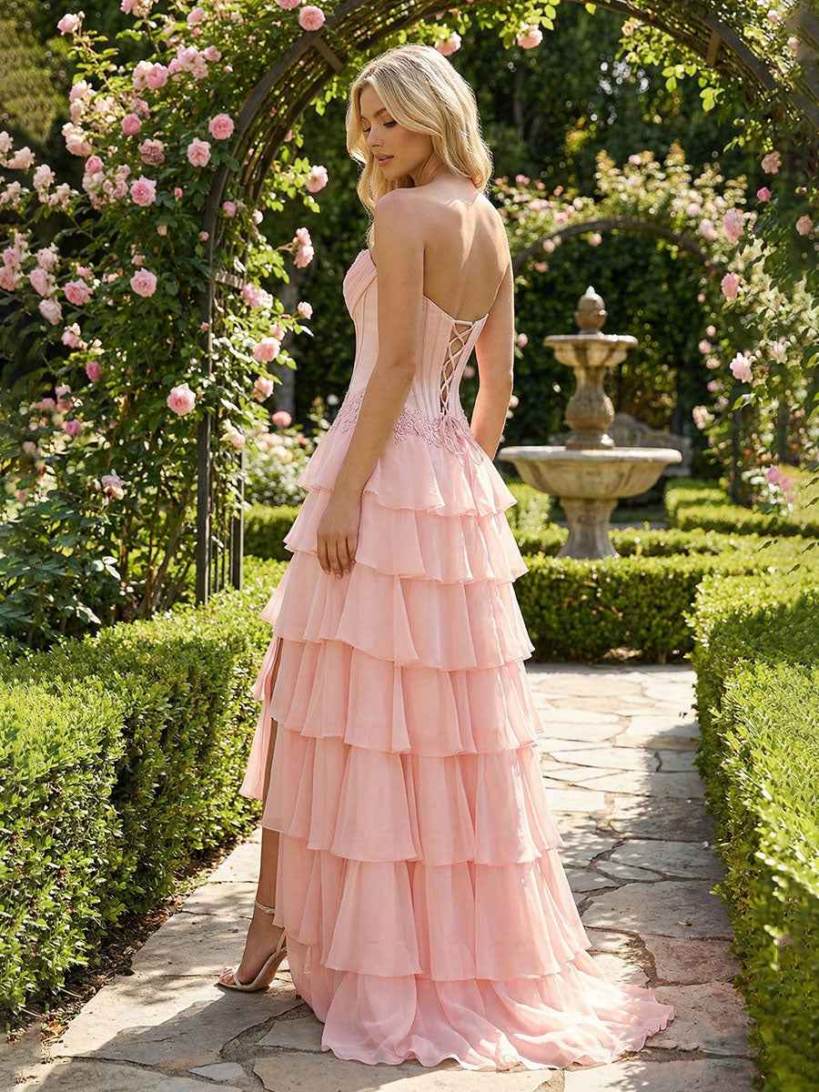 Sunshine Cascade Strapless Tiered Floral Lace Corset Prom Gown