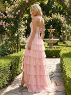 Sunshine Cascade Strapless Tiered Floral Lace Corset Prom Gown
