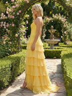 Sunshine Cascade Strapless Tiered Floral Lace Corset Prom Gown