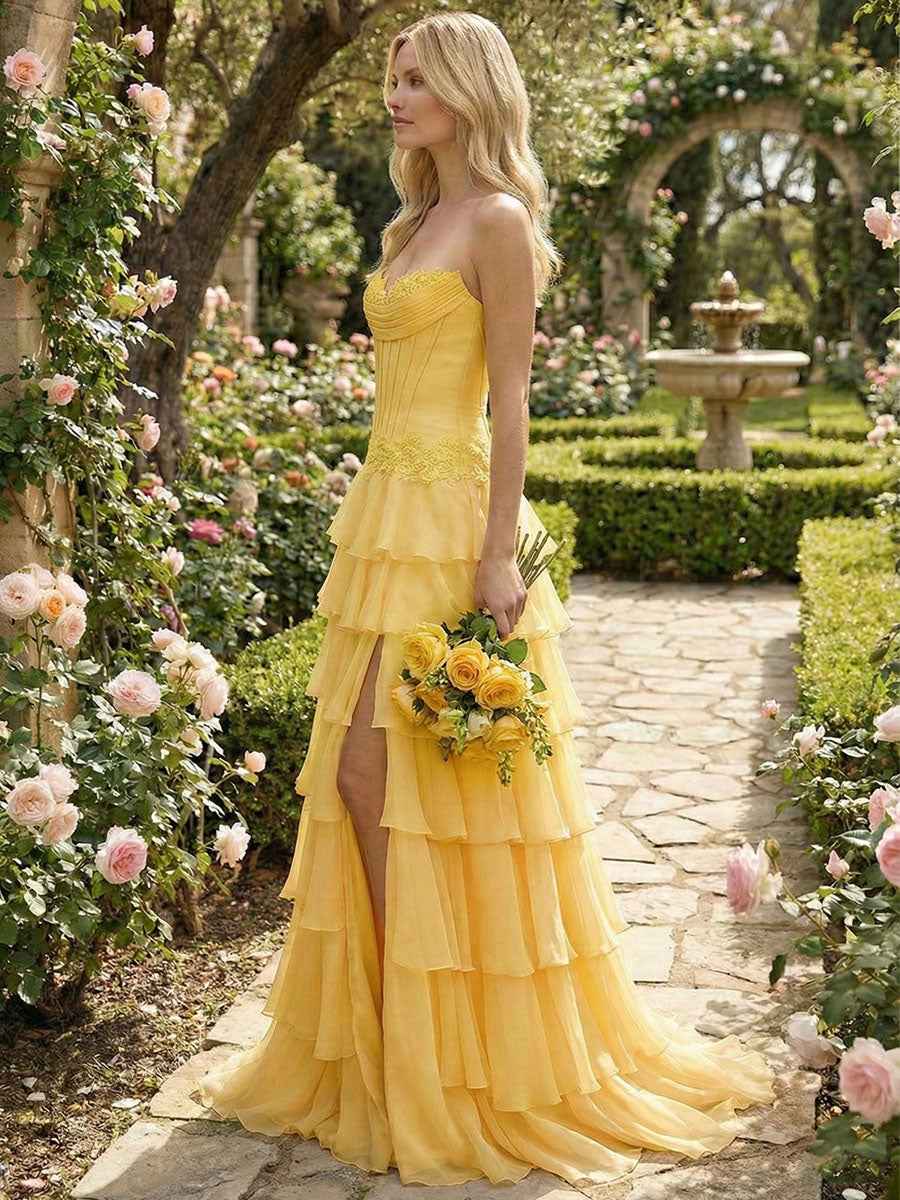 Sunshine Cascade Strapless Tiered Floral Lace Corset Prom Gown