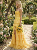 Sunshine Cascade Strapless Tiered Floral Lace Corset Prom Gown