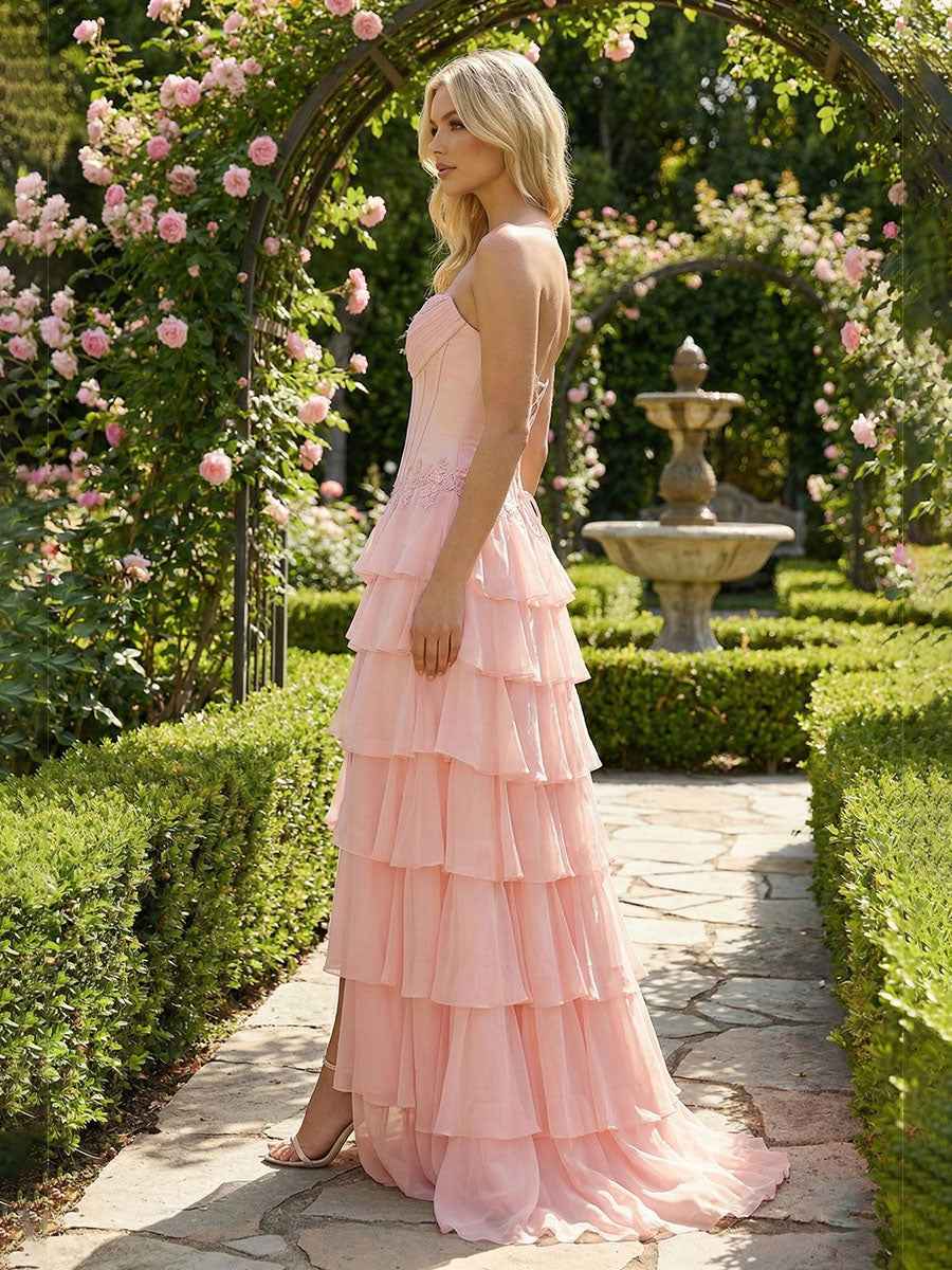 Sunshine Cascade Strapless Tiered Floral Lace Corset Prom Gown
