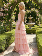 Sunshine Cascade Strapless Tiered Floral Lace Corset Prom Gown
