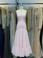 Blush Pink A Line Ruched Drop Waist V Neck Prom Dress