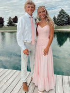 Blush Pink A Line Ruched Drop Waist V Neck Prom Dress