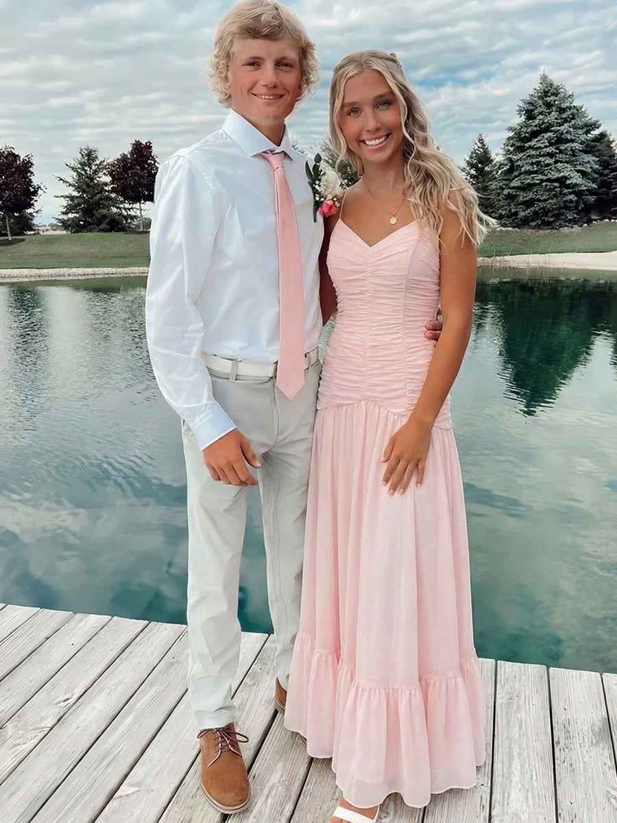 Blush Pink A Line Ruched Drop Waist V Neck Prom Dress