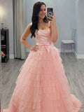 Sweet Light Pink Tiered Ruffle Tulle Prom Dress With Bow