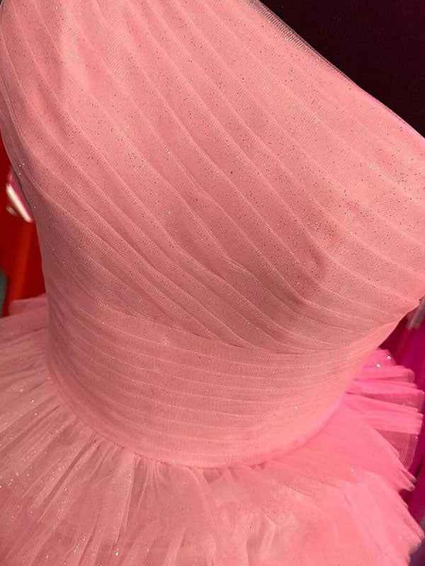 Sweet Pink One Shoulder Tiered Tulle Long Prom Dress With Ruched Bodice