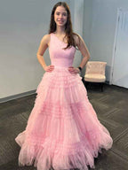 Sweet Pink One Shoulder Tiered Tulle Long Prom Dress With Ruched Bodice