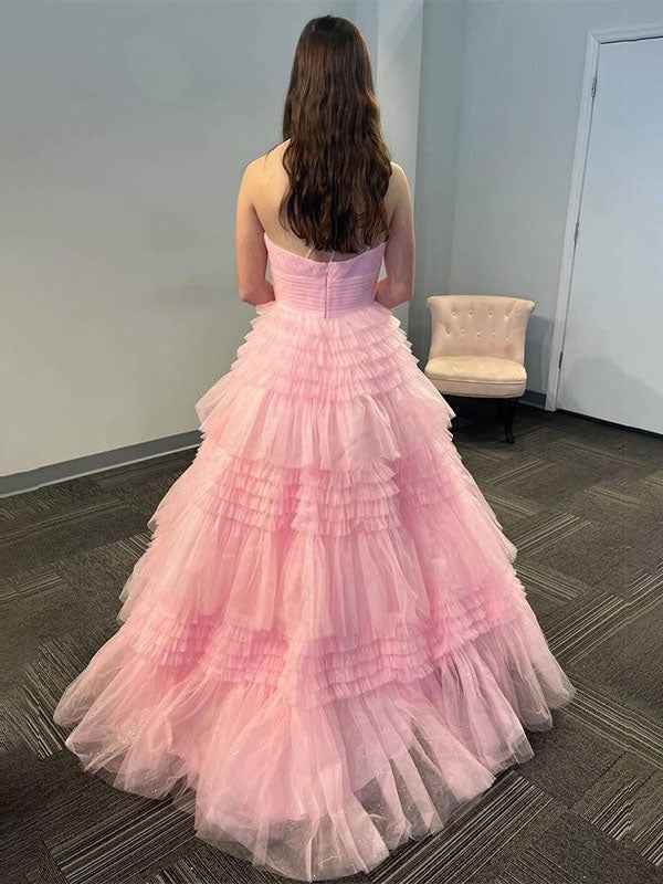 Sweet Pink One Shoulder Tiered Tulle Long Prom Dress With Ruched Bodice