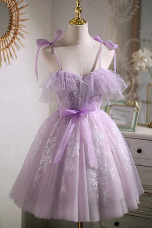 Süßes lila A-Linien-Kurzes Partykleid Homecoming-Kleid mit Schleife