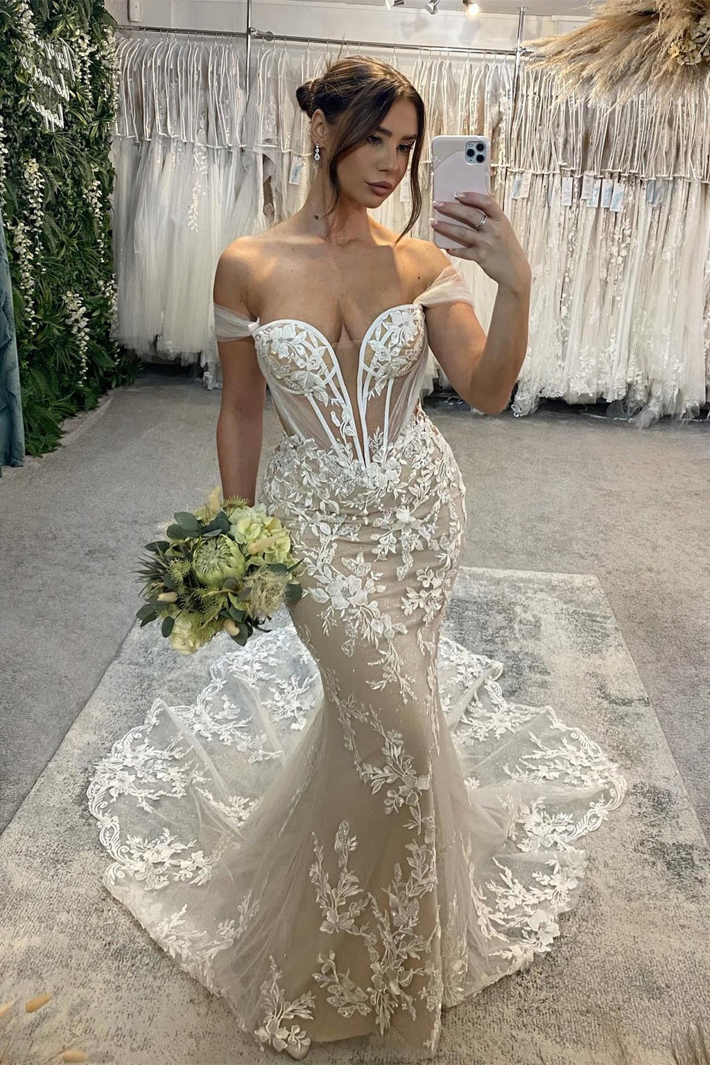 Sweetheart Long Mermaid Off The Shoulder Glitter Applique Wedding Dress