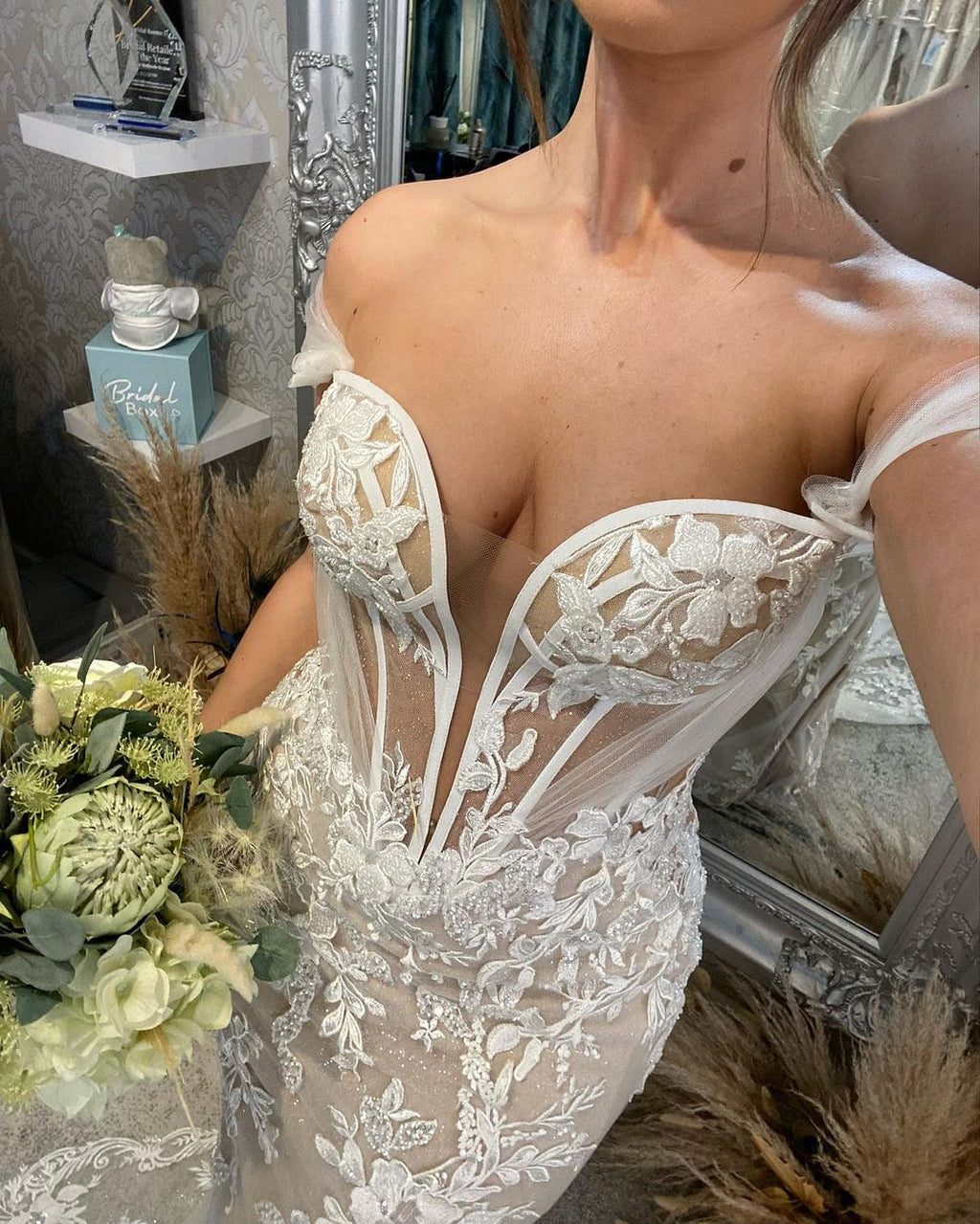 Sweetheart Long Mermaid Off The Shoulder Glitter Applique Wedding Dress